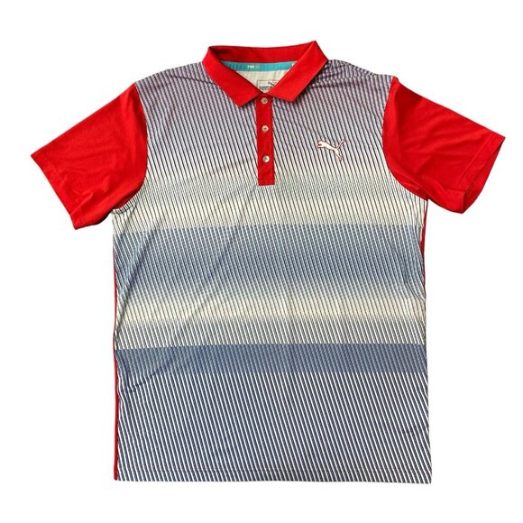 PumaDry Cell Golf Polo Mens Medium Performance PWRCool Red Blue Striped - Picture 1 of 7